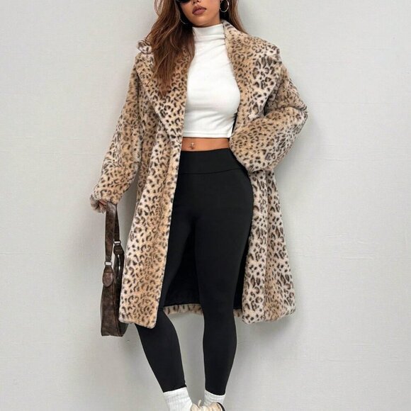 Casual Women's Leopard Print Long Sleeve Faux fur Coat - Picture 6 of 6